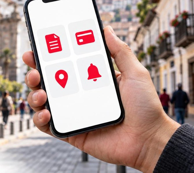 Una persona consulta los servicios del municipio en la app ciudadana, en una calle del centro histórico