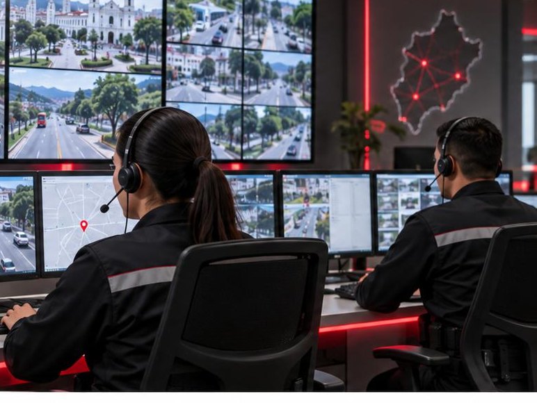 Operadores del centro de operaciones C4 frente al muro de cámaras y el mapa de incidentes