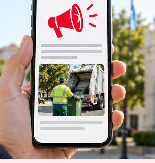 Una persona consulta un aviso del municipio en su teléfono, frente a la municipalidad