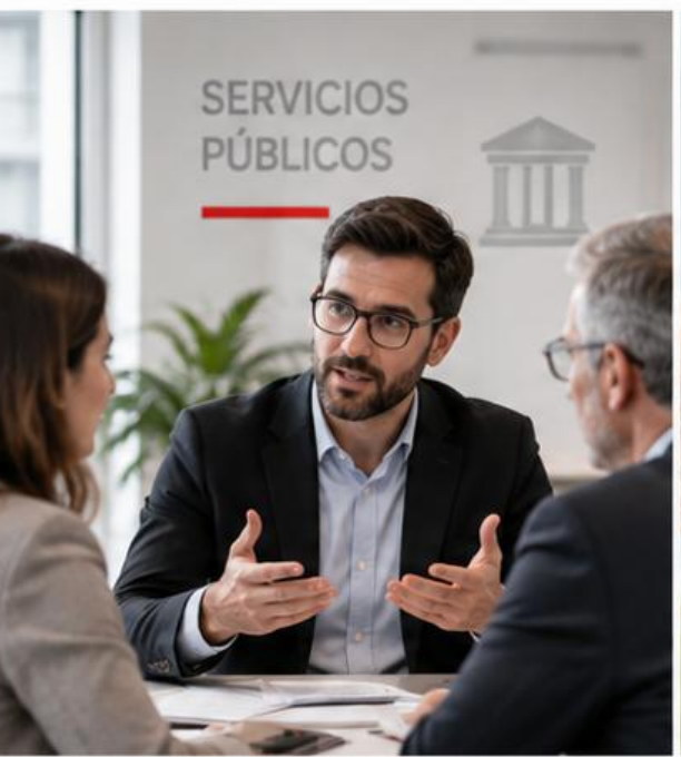 Un consultor conversa con dos autoridades en una sala de reuniones institucional