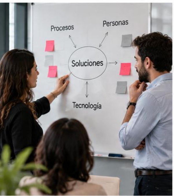 Un equipo ordena procesos, personas y tecnología en una pizarra con notas adhesivas