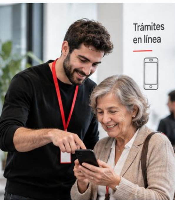 Un servidor público acompaña a una usuaria mayor a usar los trámites en línea desde su teléfono