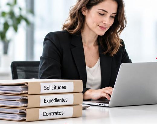 Una servidora pública digitaliza expedientes junto a las carpetas de solicitudes y contratos