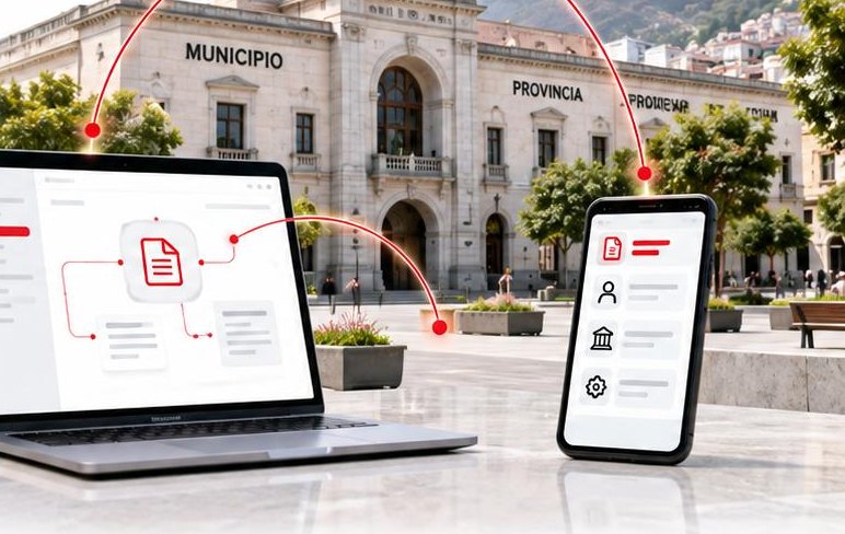 Un computador y un teléfono muestran el expediente de un trámite frente al edificio del municipio