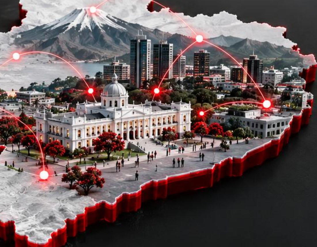 Maqueta del territorio ecuatoriano con la plaza central y la red de nodos conectados