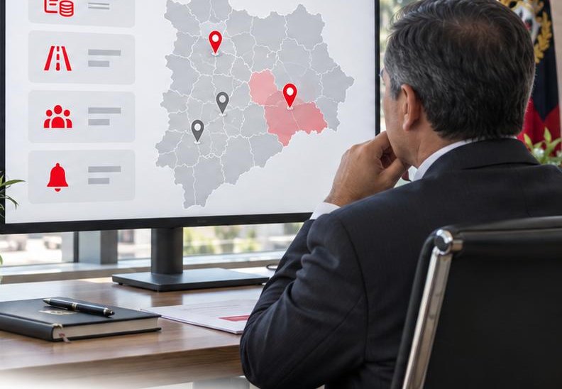 Una autoridad revisa el panel ejecutivo con el mapa del territorio y los indicadores de gestión