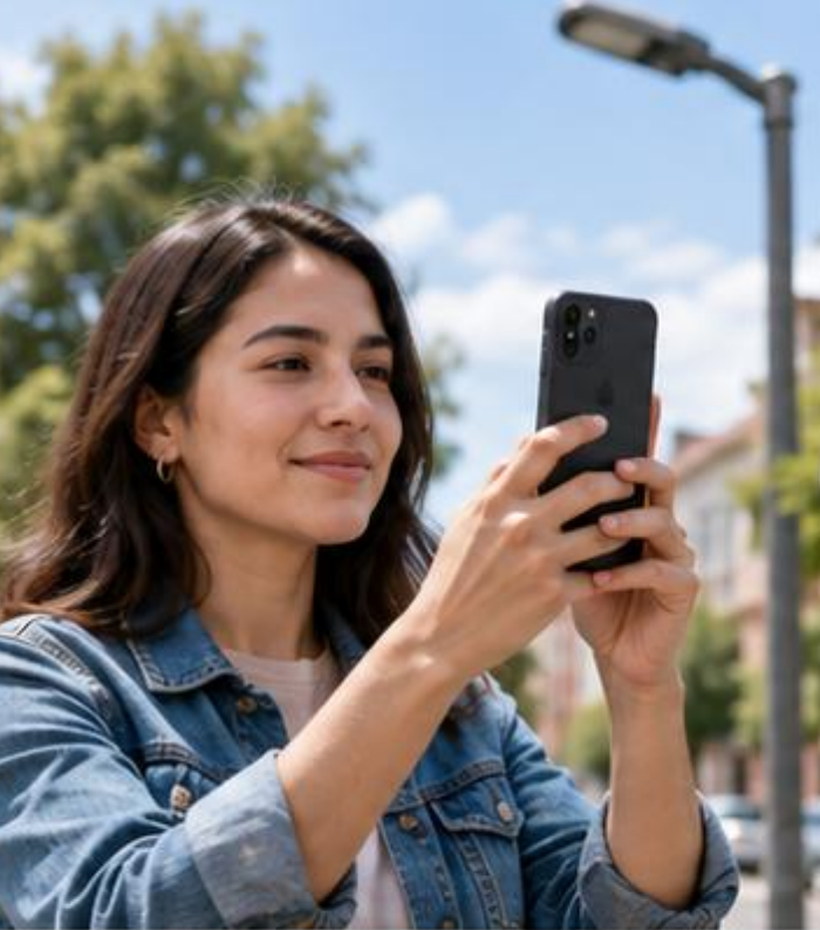 Una vecina fotografía una luminaria dañada con su teléfono para reportarla