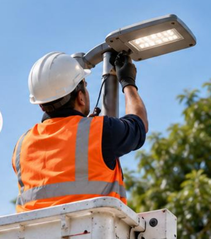 Un técnico repara la luminaria desde una canastilla elevadora