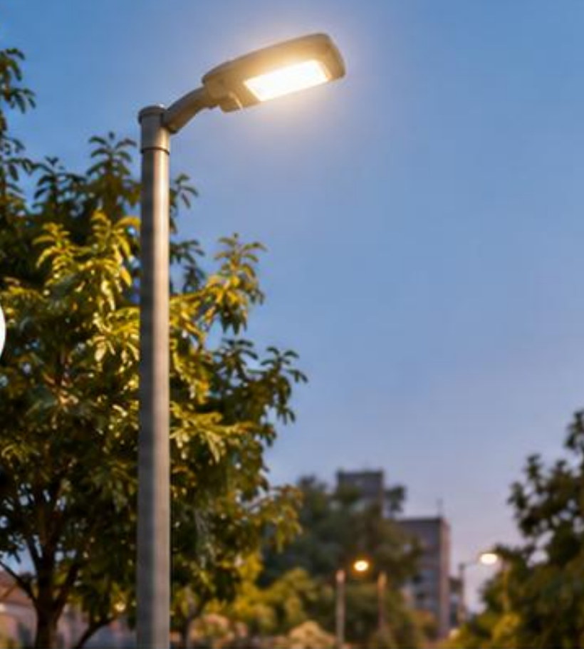 La luminaria reparada, encendida al anochecer