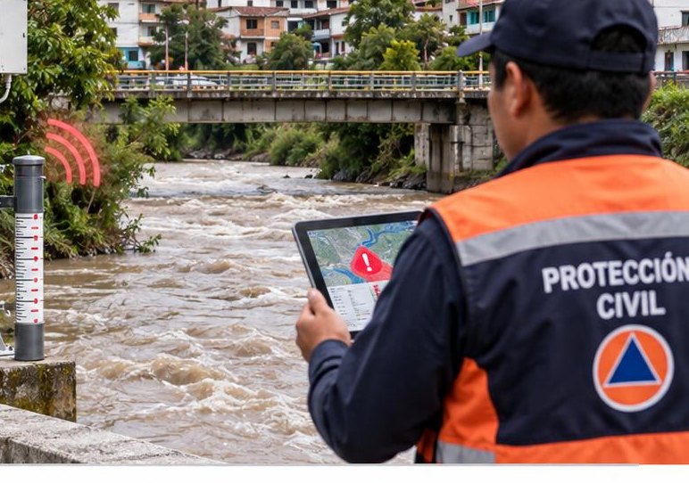 Personal de protección civil monitorea el nivel de un río con un sensor y una tableta